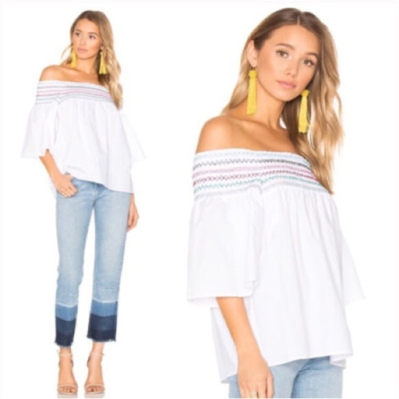 Parker White Off the Shoulder Multicolor Embroidery Smocked Yasmin Blouse Size S - Picture 2 of 12